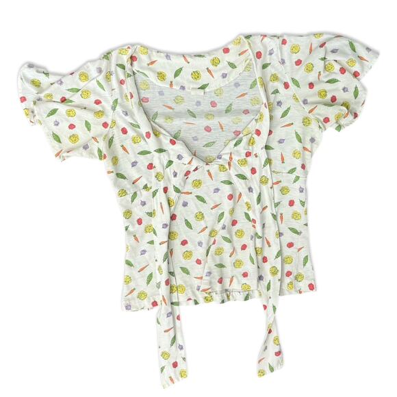 Vintage Tie Front Ivory Vegetable Print Carrot Tomato Peas Lettuce Tee size S - Picture 7 of 10